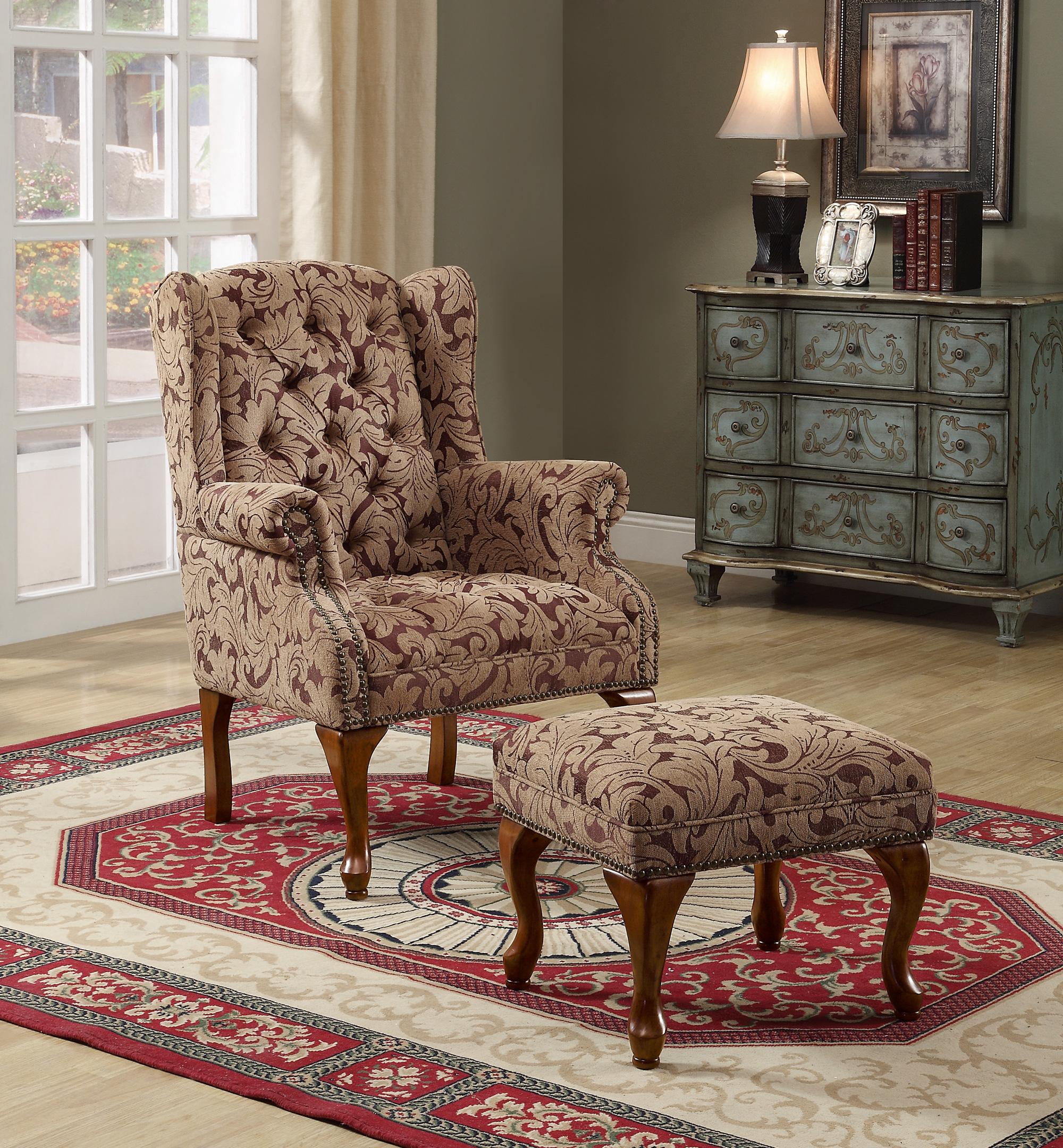 Coaster Traditional Tufted Wing Back Chair and Ottoman