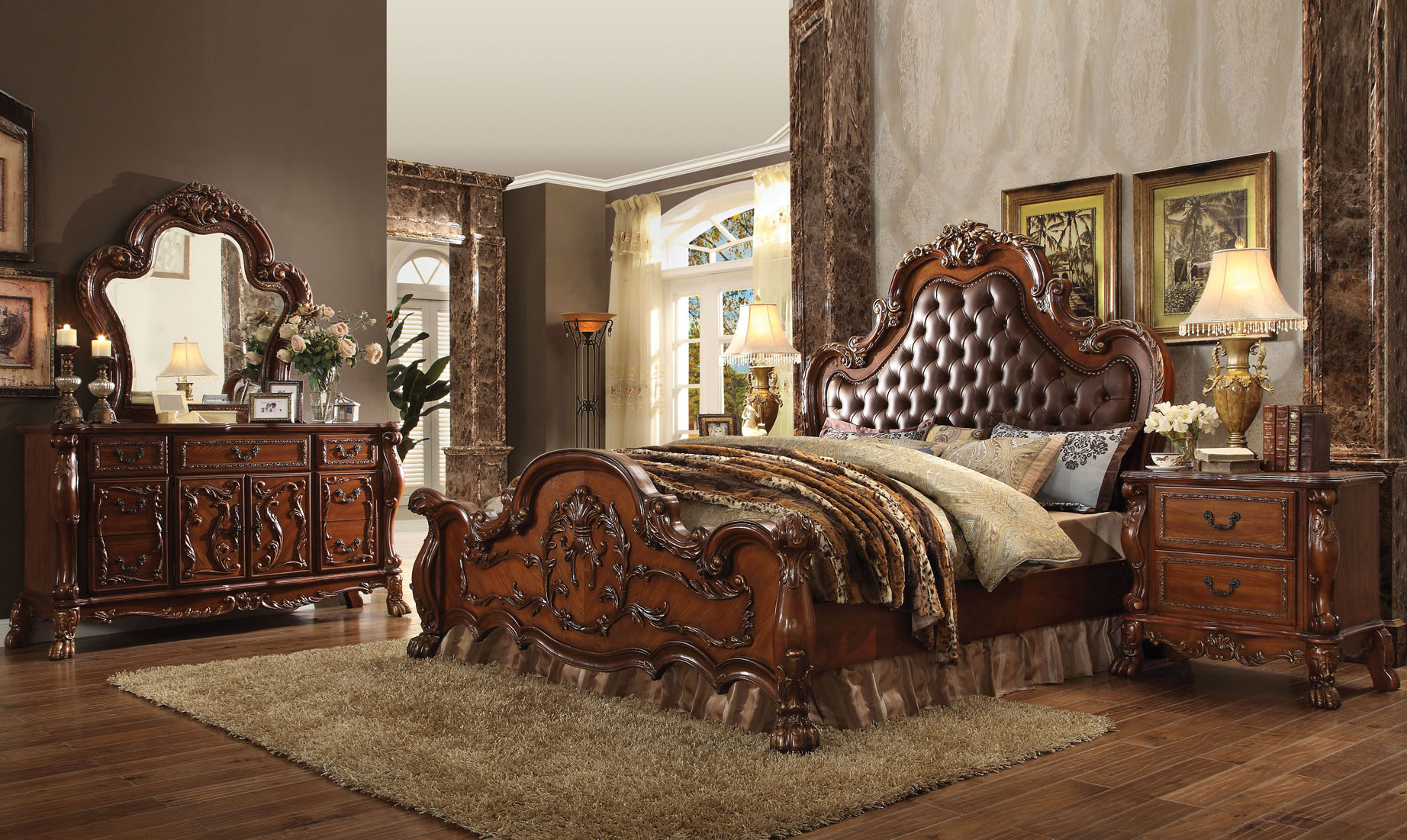 Pc Acme Dresden Tufted Bedroom Set In Cherry Finish