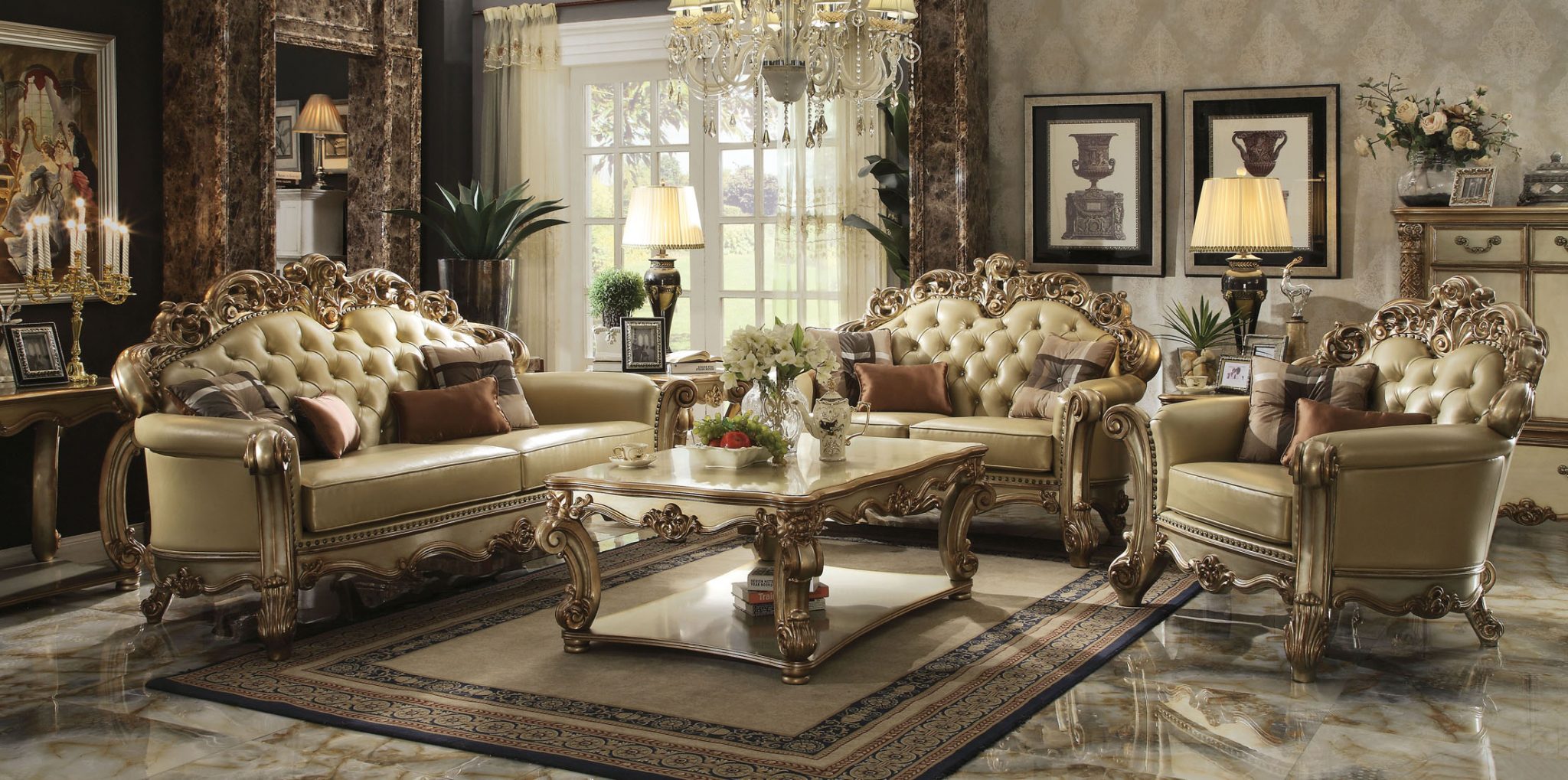 Gold Patina Vendome Royal Living Set By ACME Furniture