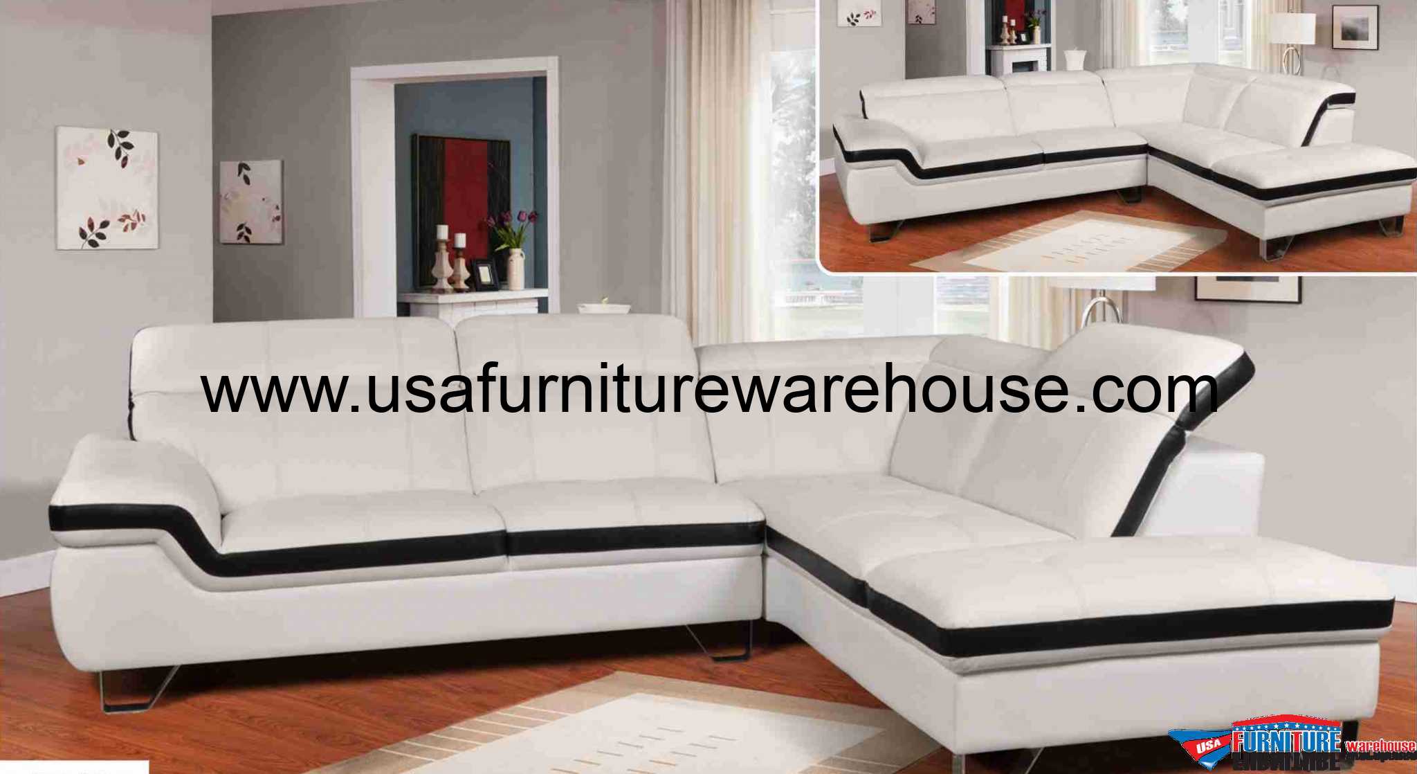 Carnation Modern White Genuine Leather Sectional With Adjustable Headrest