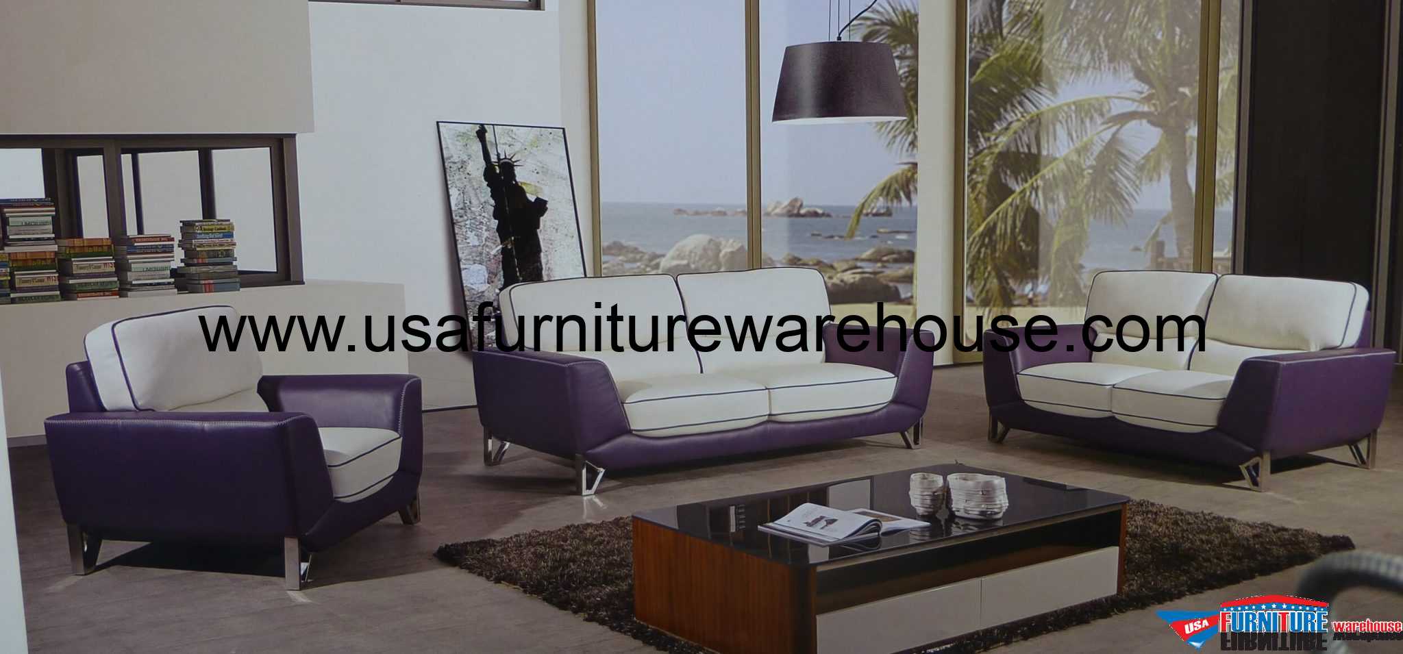 Clyde Italian TopGrain White/Purple Leather Modern Sofa Set