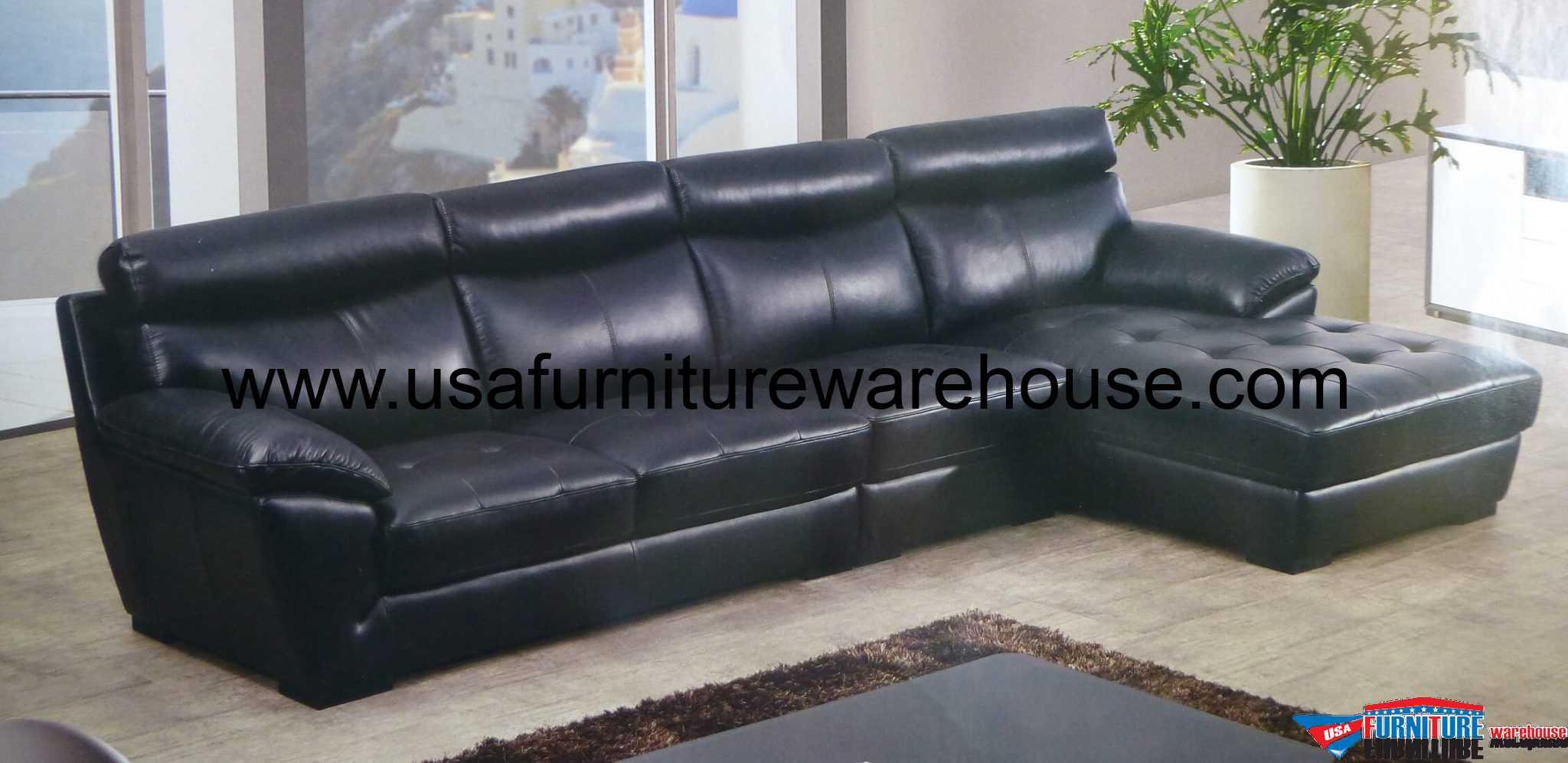 Cult Italian TopGrain Black Leather Modern Sectional Set