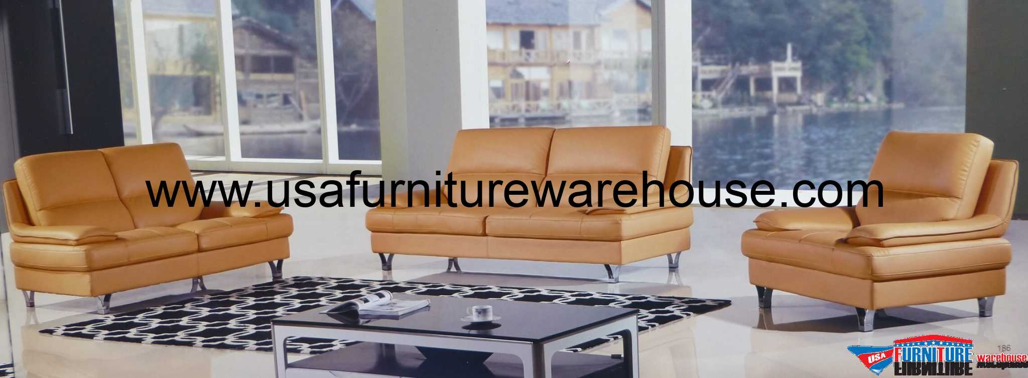 Duse Genuine Orange Leather Modern Sofa Set