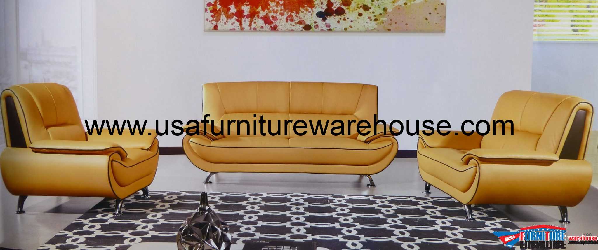 Tratto Genuine Yellow/Brown Leather Modern Sofa Set