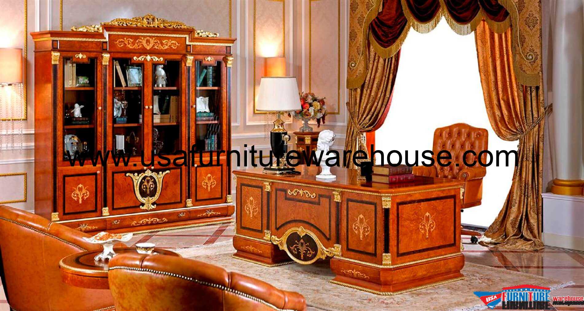 European Luxury Executive Desk With Bookcase Set