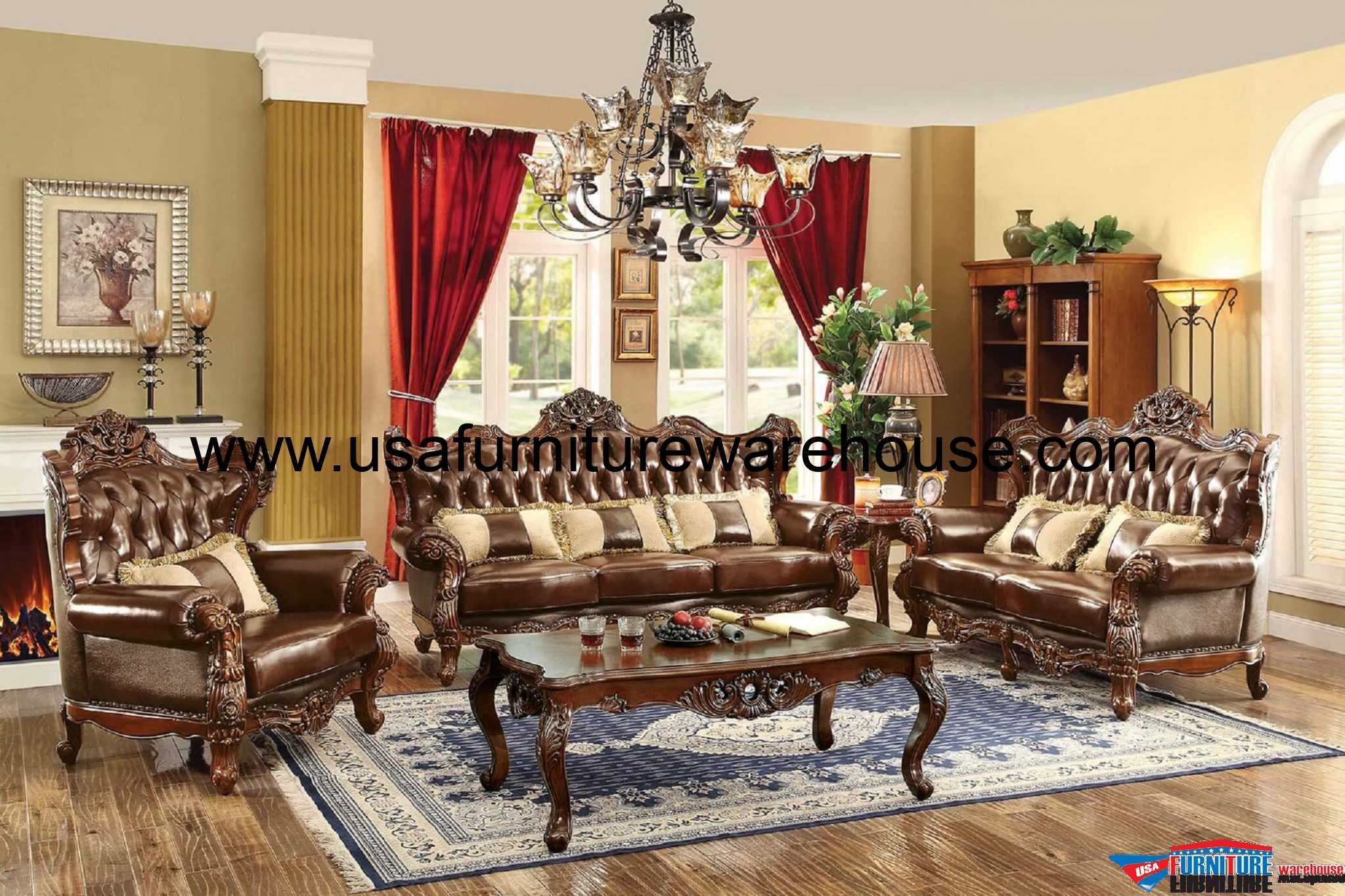Jericho Wood Trim Leather Sofa Set