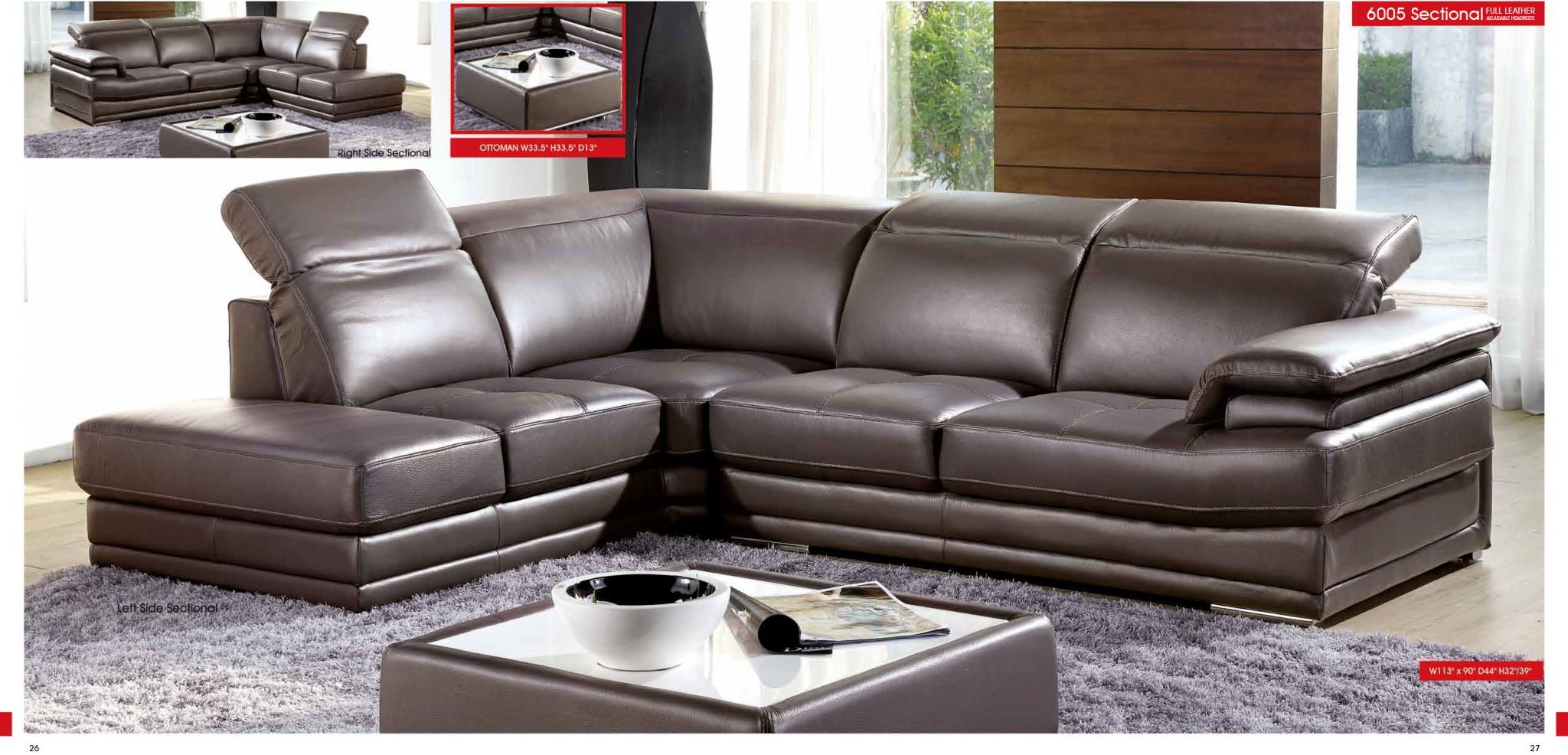 ESF Modern Grey  Genuine Italian Leather Sectional  6005