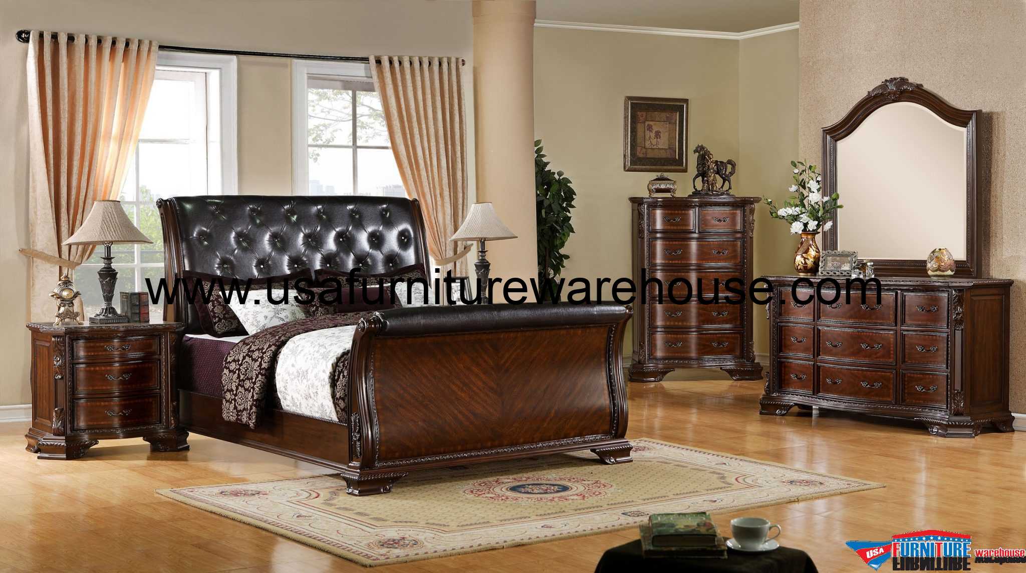 4 Piece South Yorkshire Sleigh Bedroom Set In Brown Cherry