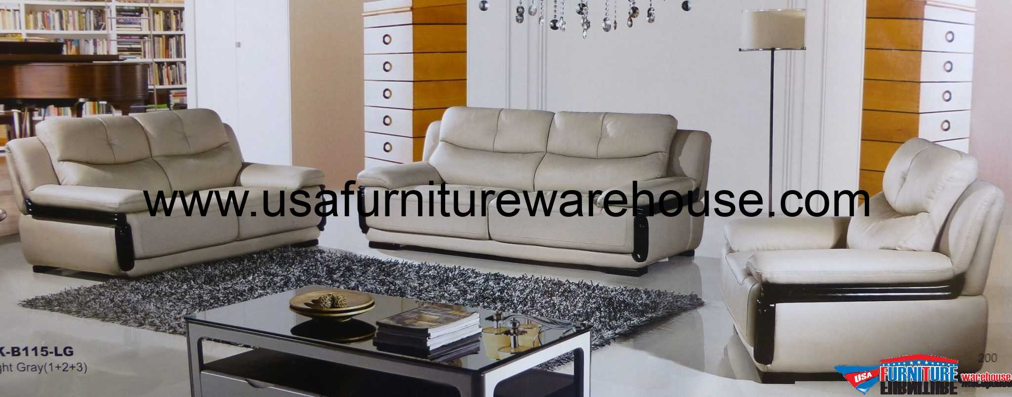 Cambre Genuine Tan Leather Modern Wood Trim Sofa Set USA