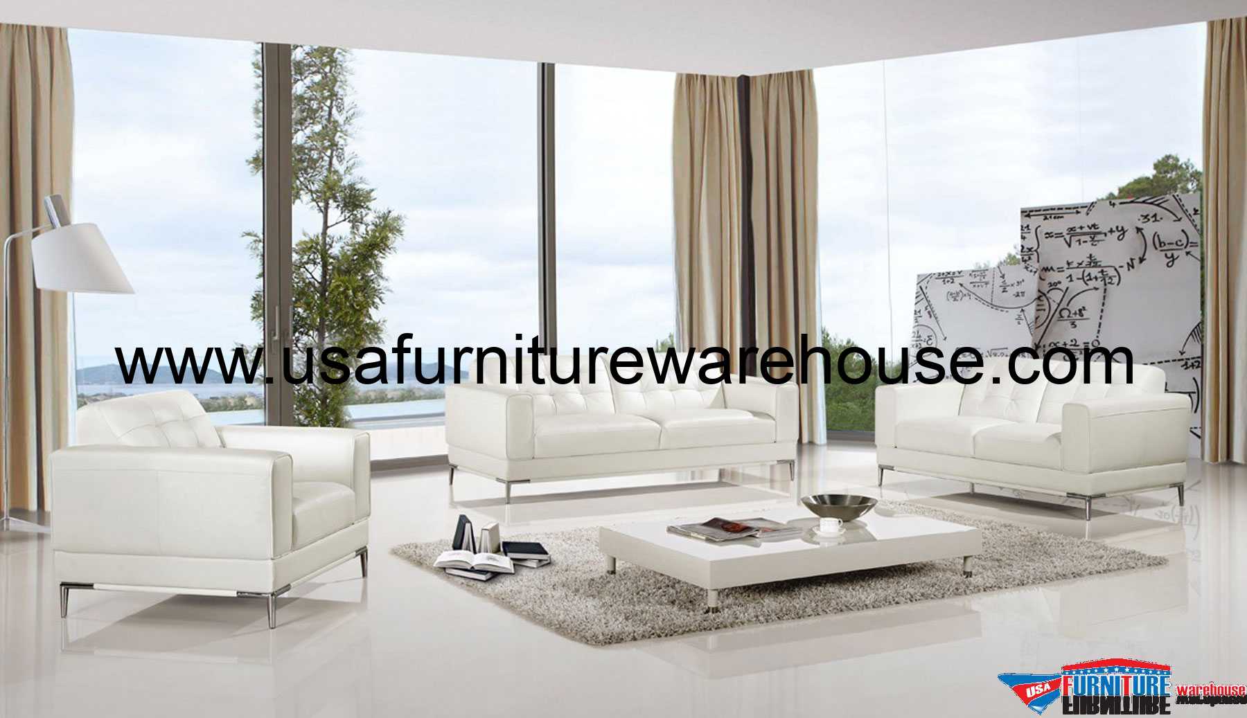 Modern 3 Piece Italian Top Grain White Leather Sofa Set USA Furniture Warehouse