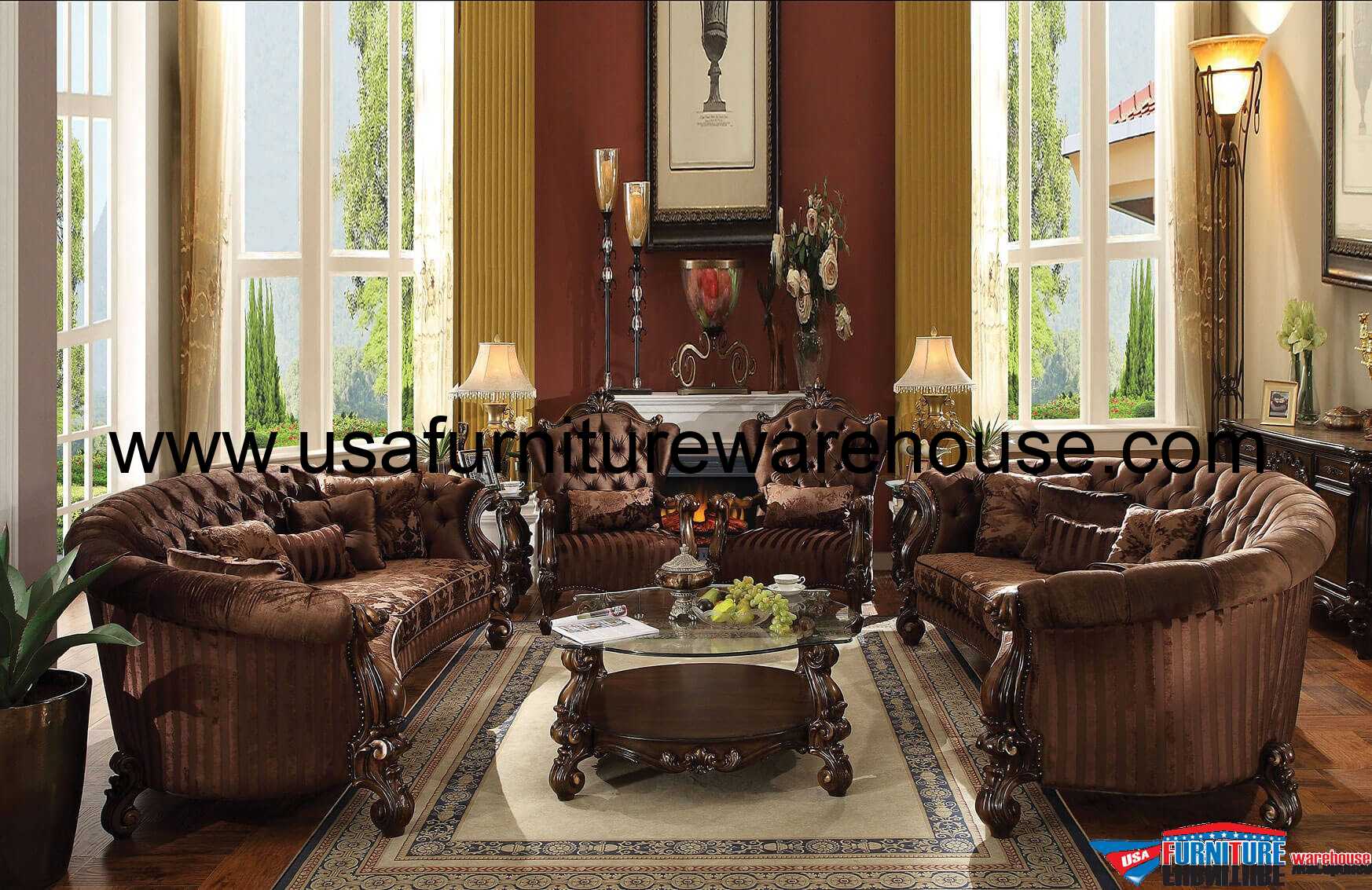 4 Piece Versailles Curl Sofa With Accent Chair Set Brown Velvet Versailles Curl Sofa Set Brown Velvet