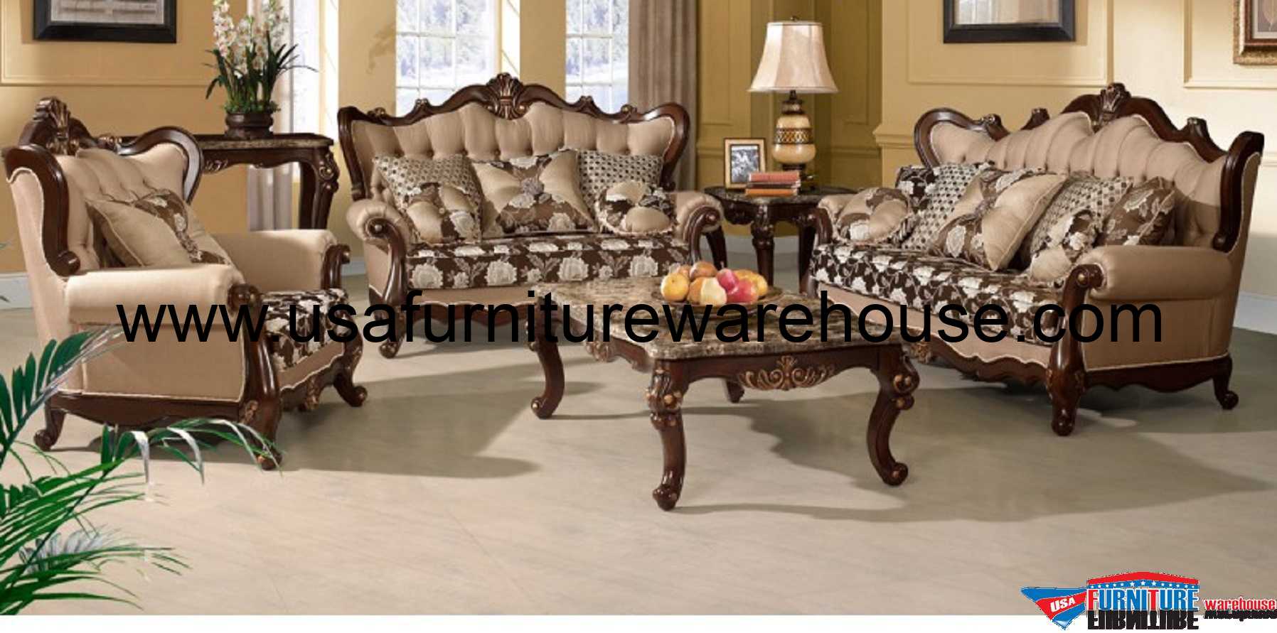 3 Piece Sophie Wood Trim Fabric Sofa Set