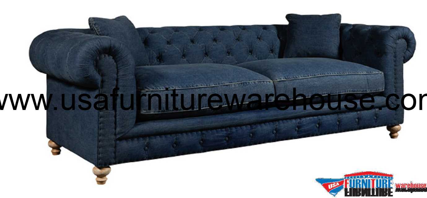 Spectra Home Greenwich Tufted Blue Denim Fabric Sofa