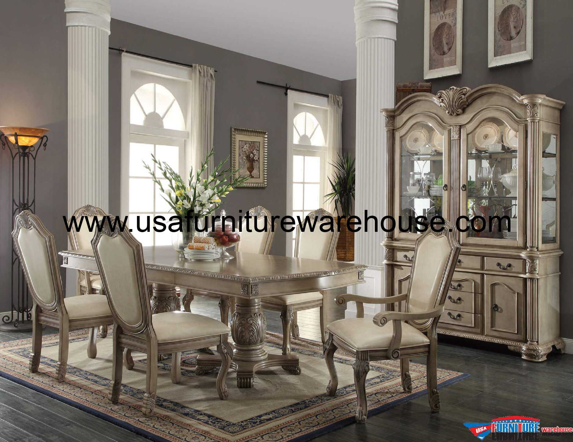 9 Piece Acme Chateau De Ville Antique White Finish Dining Set USA Furniture Warehouse