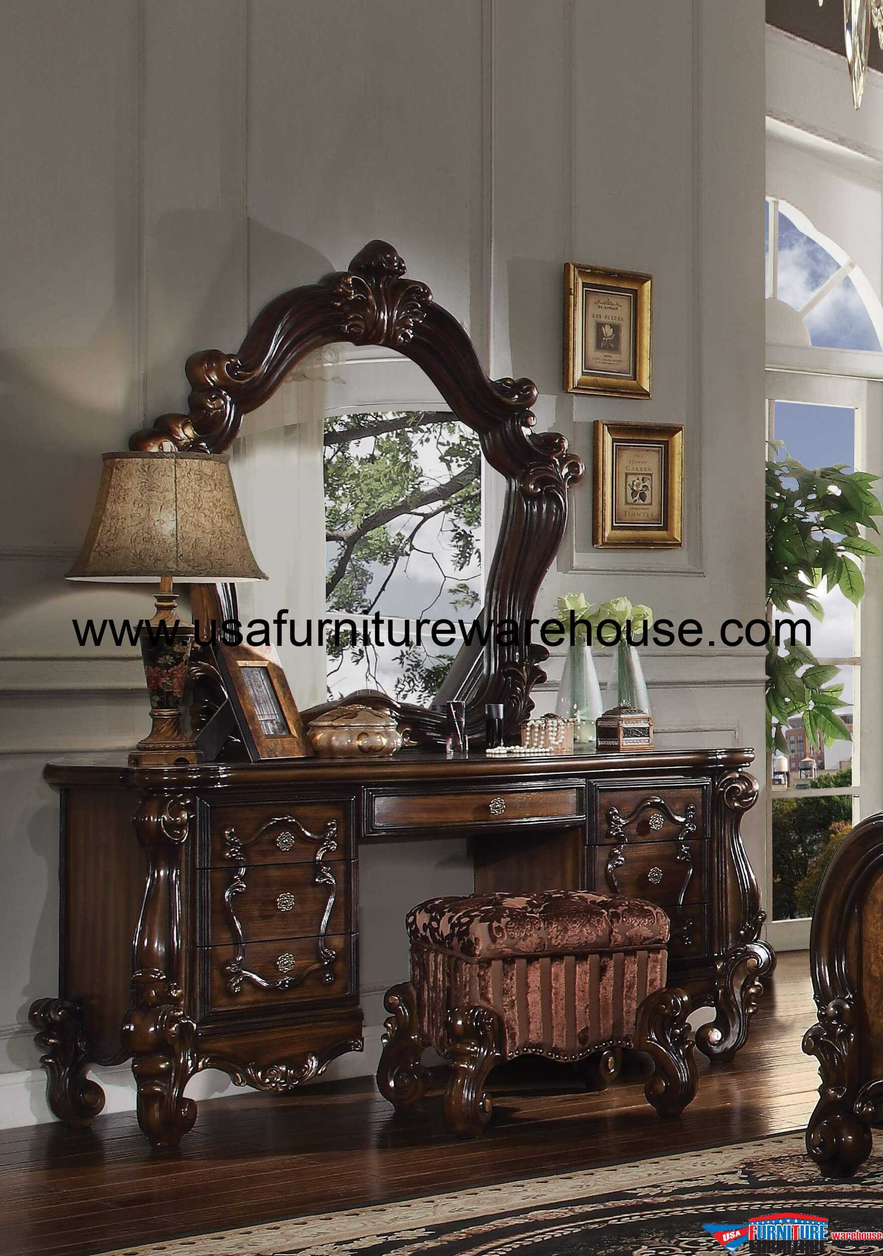 3 Piece Acme Versailles Vanity Mirror With Stool Cherry Oak Finish
