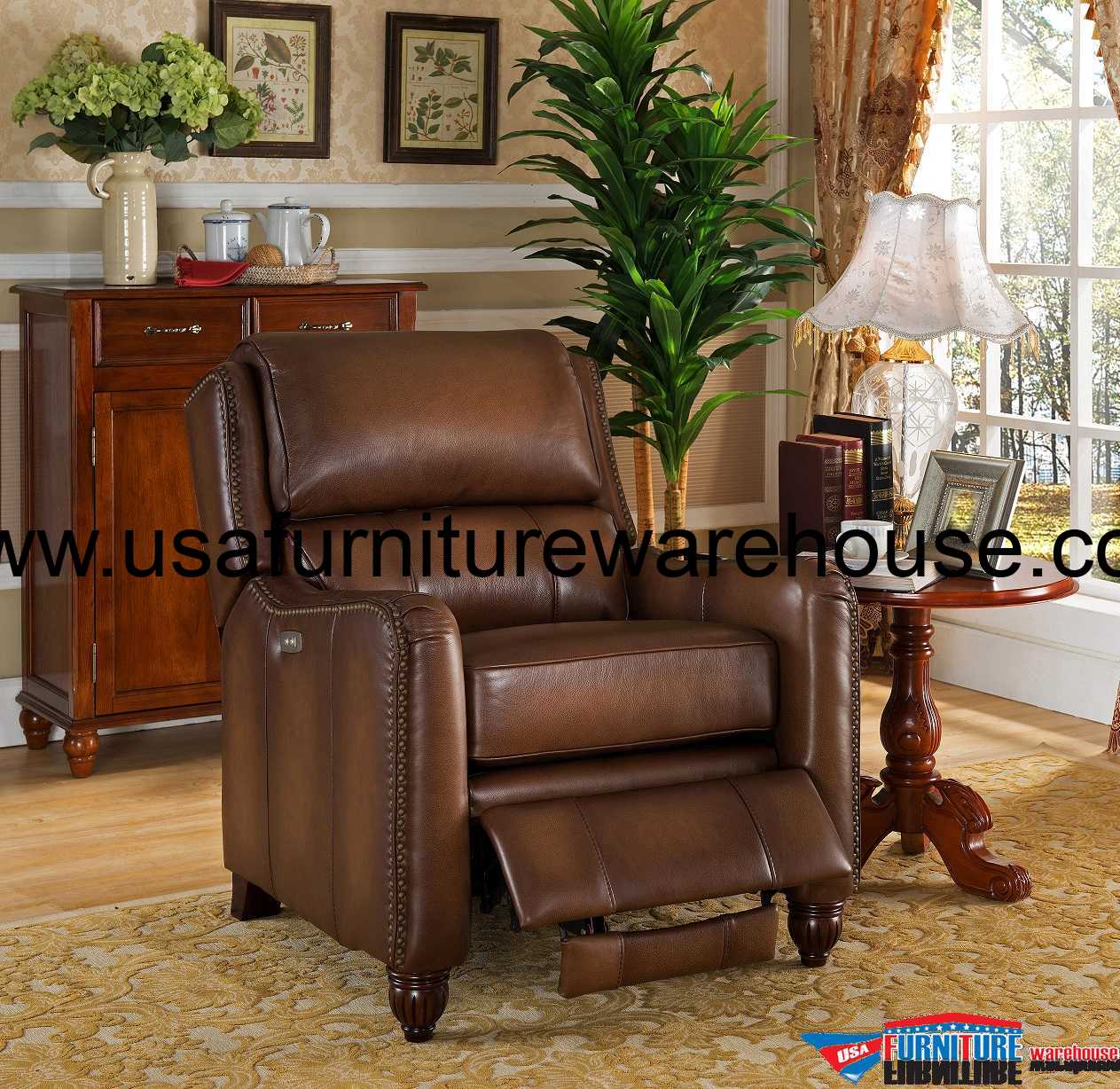 Marshall 100 Genuine Brown Tufted Leather Recliner USA Furniture Warehouse