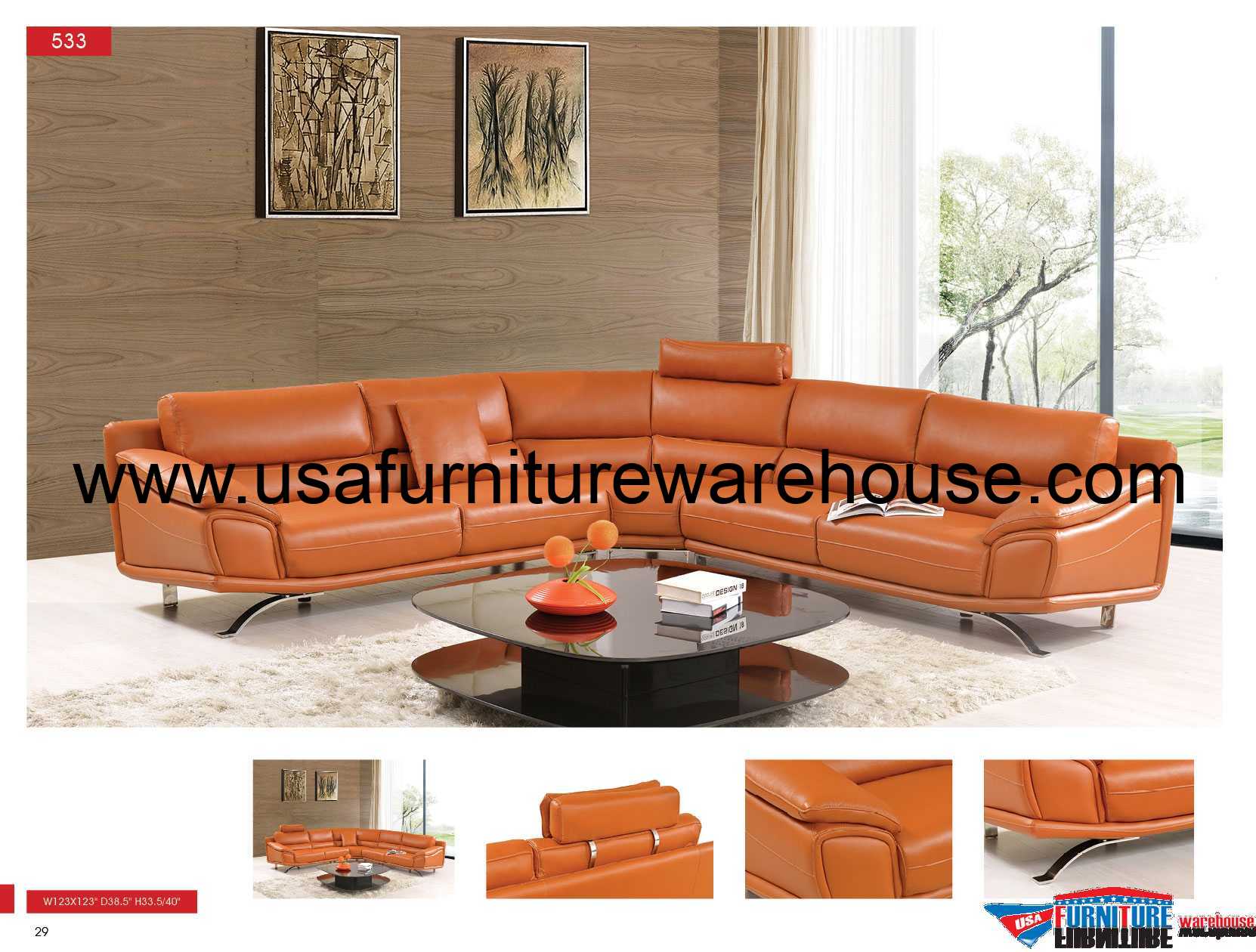 3 Piece Baltimore Orange Leather Modern Sectional Usa Furniture