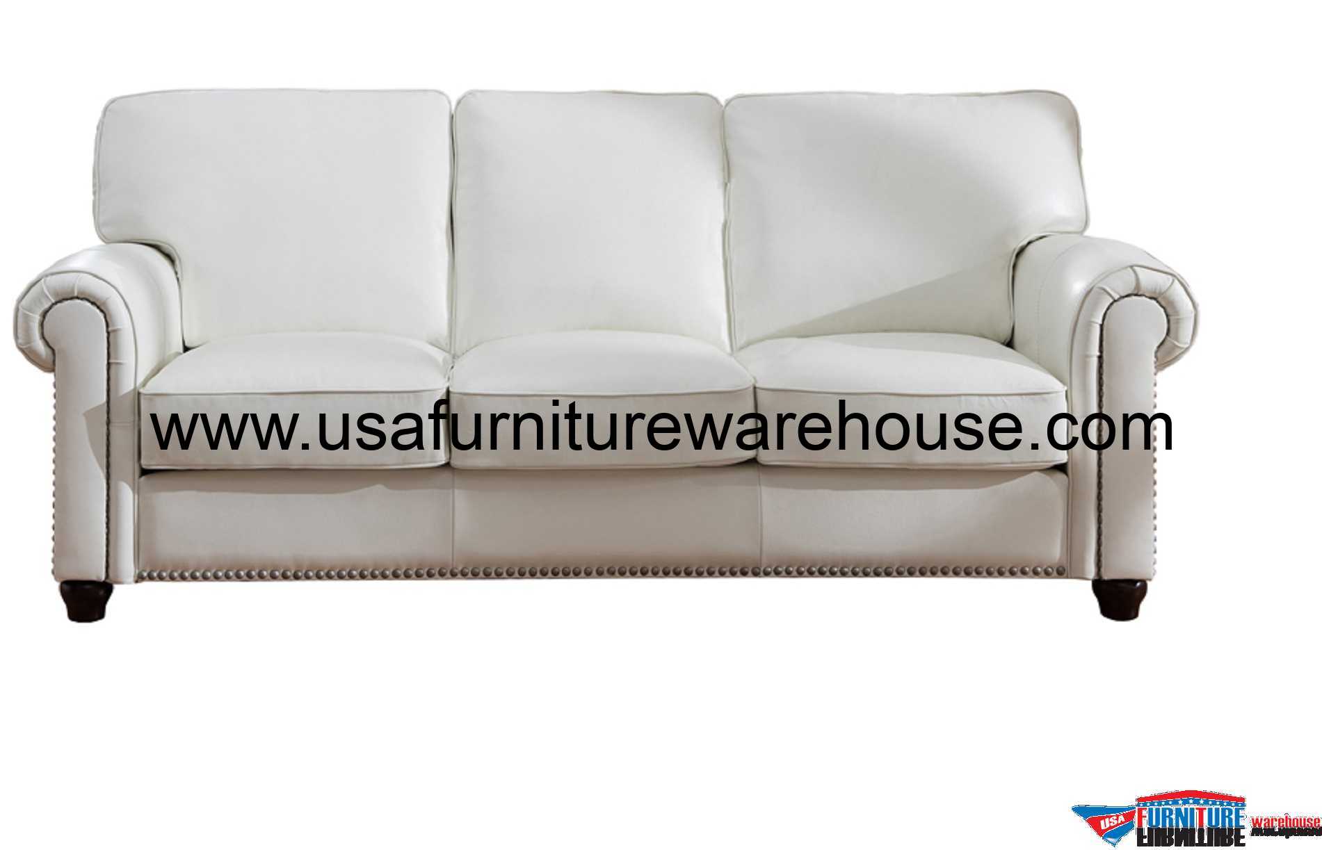 Barbara Full Top Grain Ivory White Leather Sofa USA Furniture Warehouse