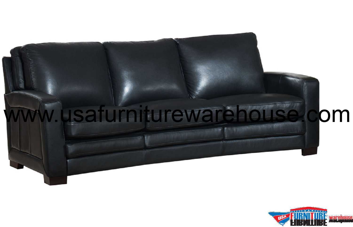 Joanna Full Top Grain Black Leather Sofa USA Furniture Warehouse