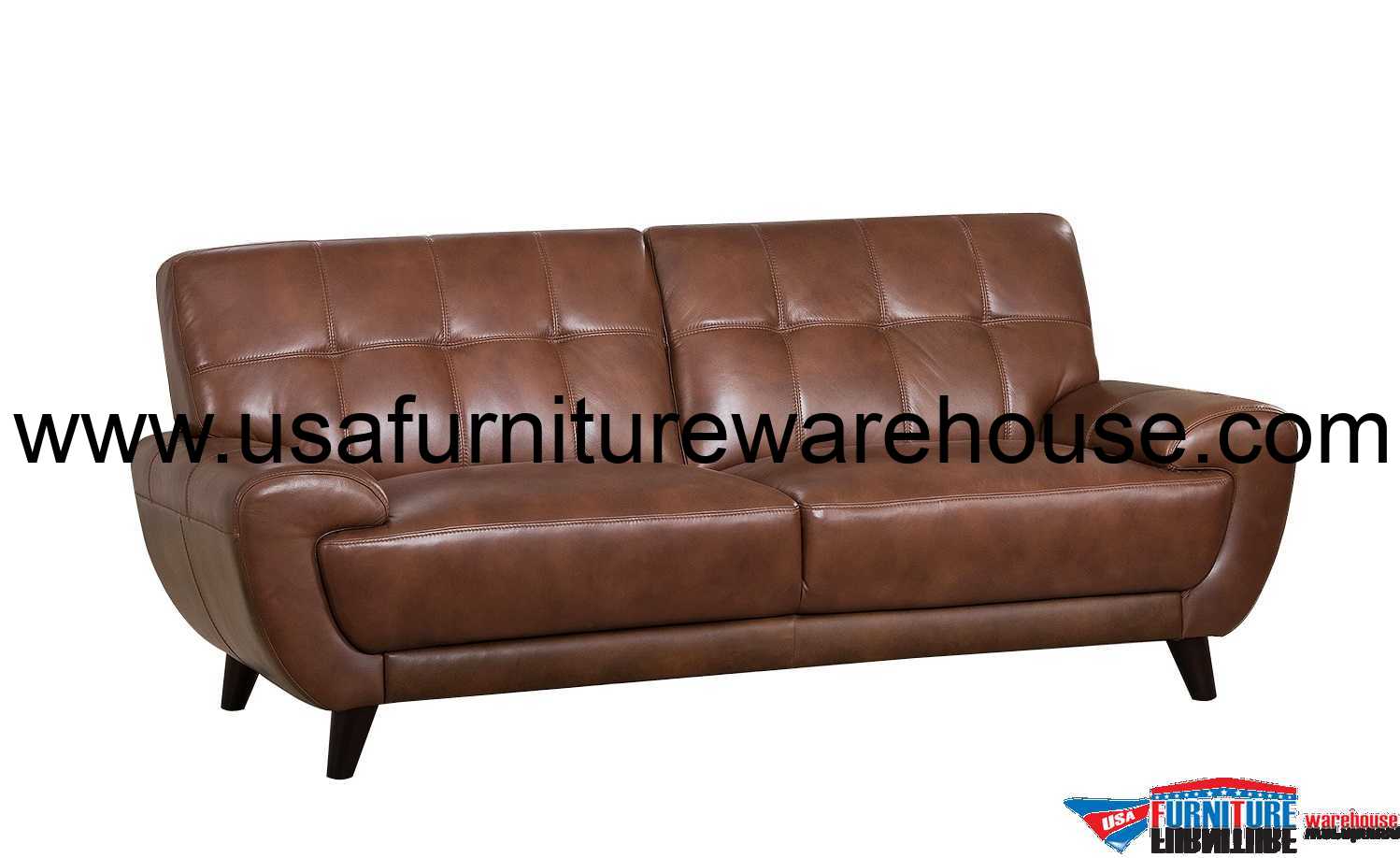 Nicole Full Top Grain Brown Leather Sofa USA Furniture Warehouse