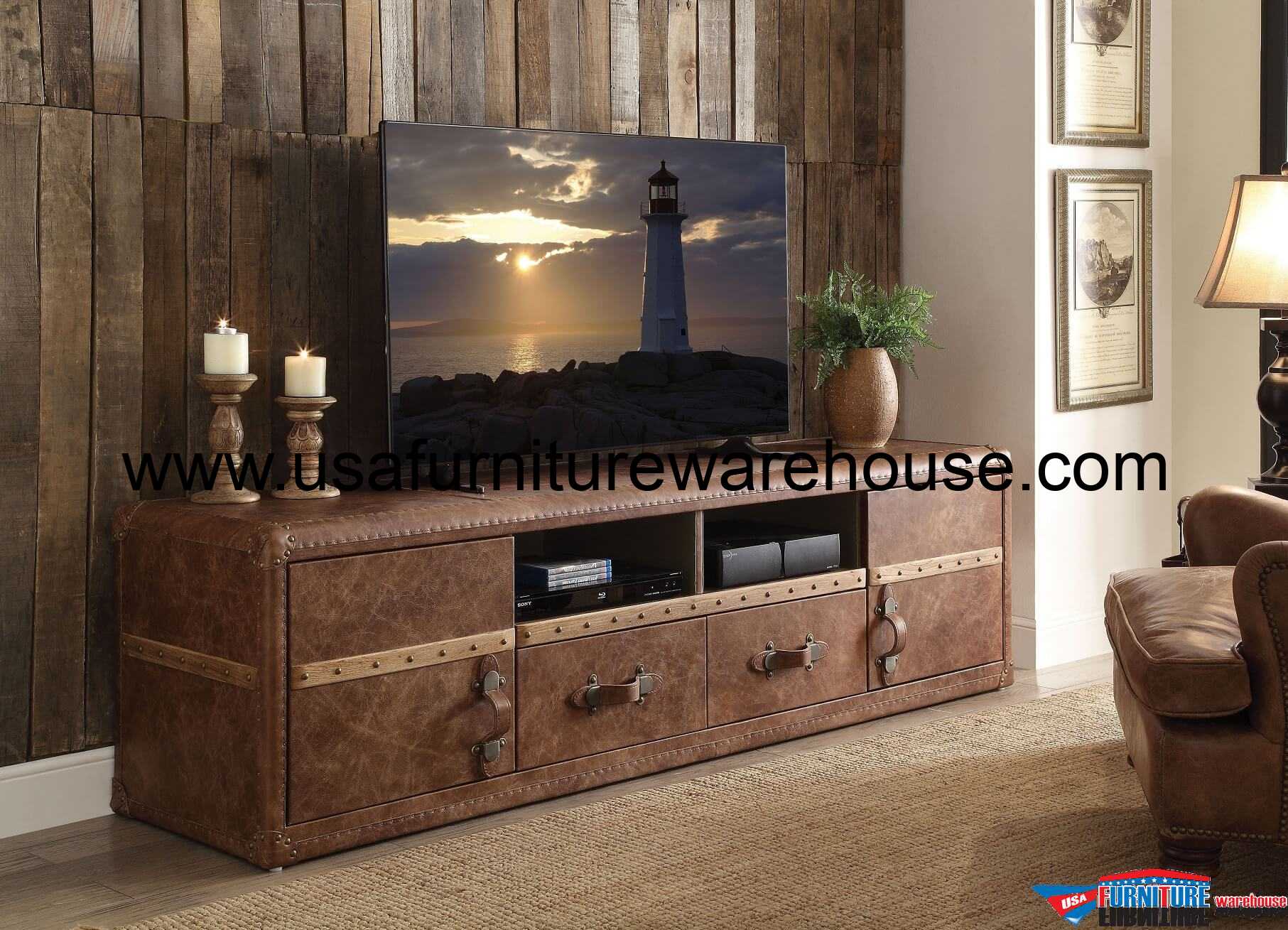 Acme Aberdeen Vintage Dark Brown Leather Tv Stand