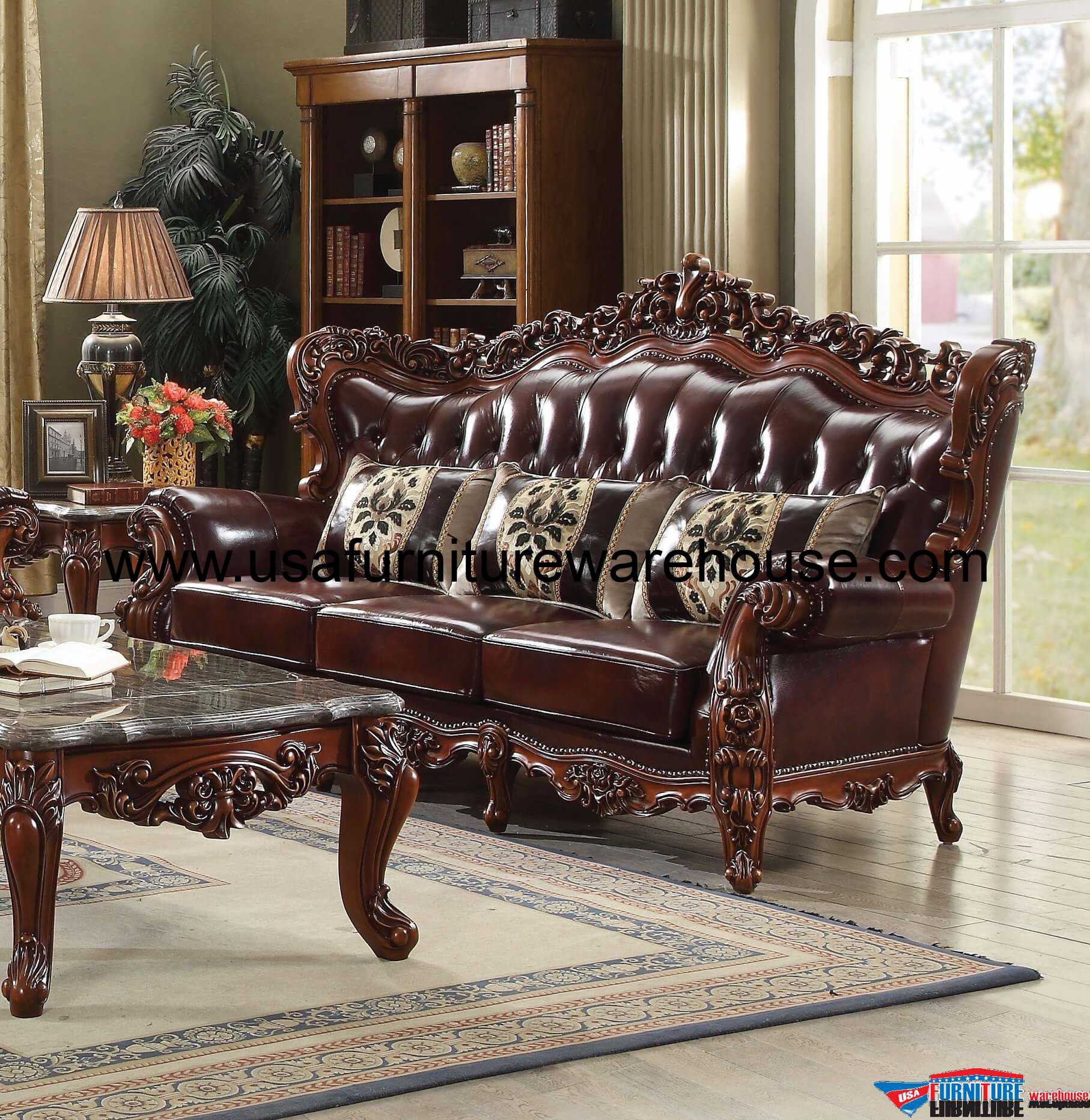Eustoma Wood Trim Top Grain Leather Sofa - USA Furniture Warehouse