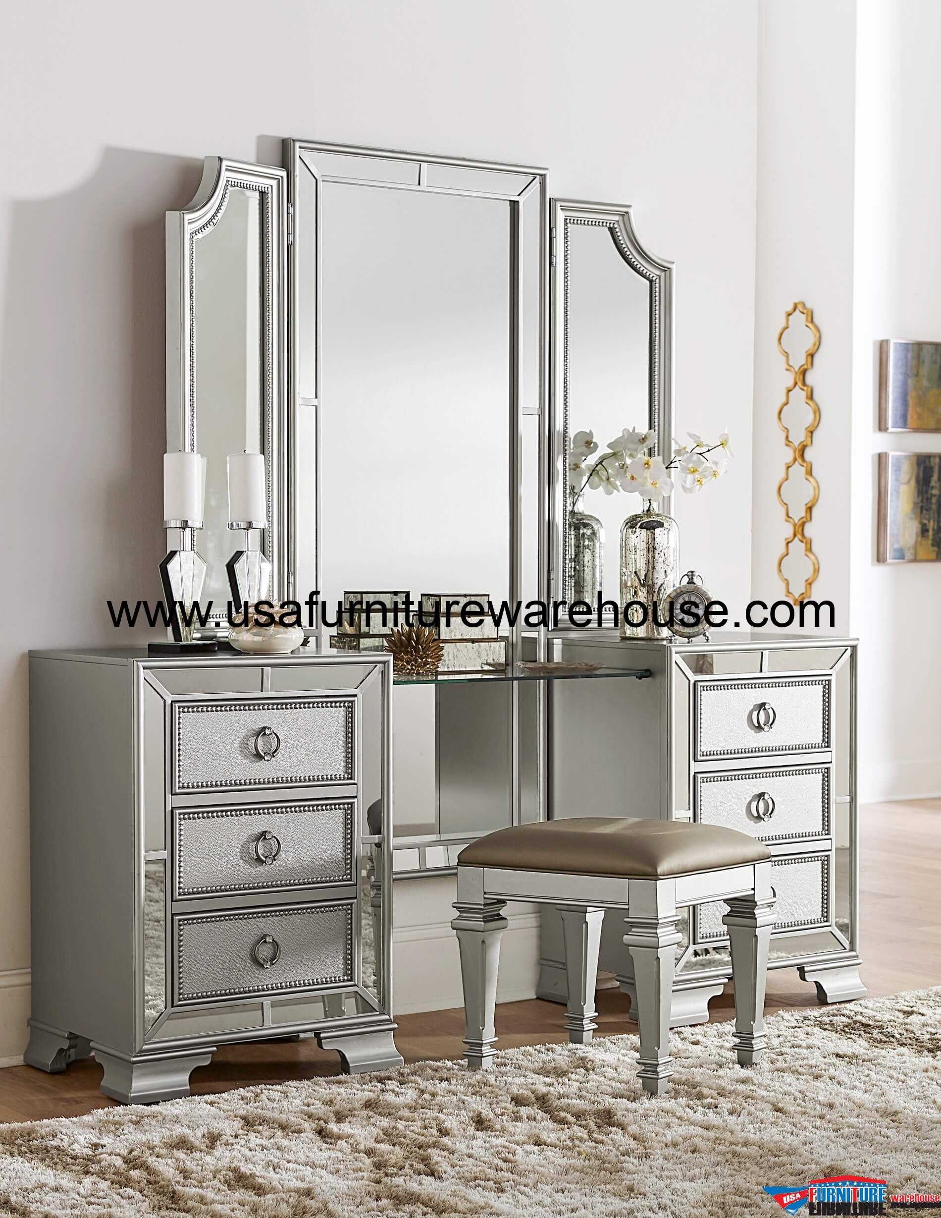 3 Piece Avondale Mirrored Vanity Set Usa Furniture Warehouse