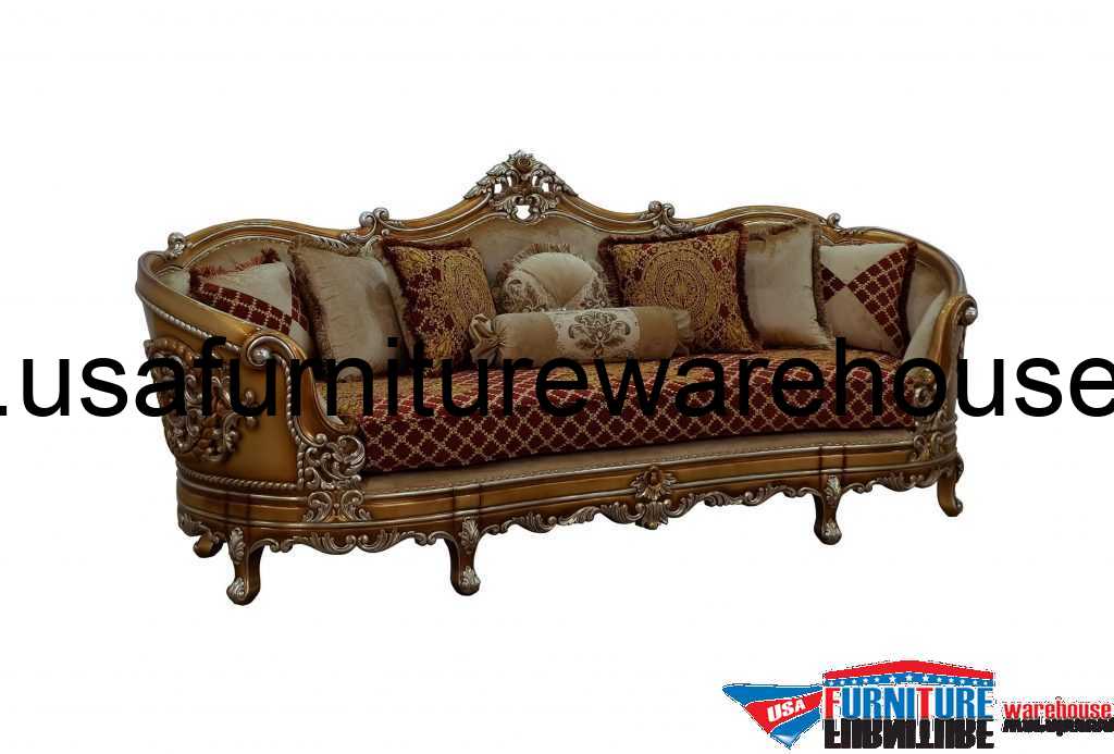 European Furniture St Germain III Sofa Red Gold Fabric USA Furniture